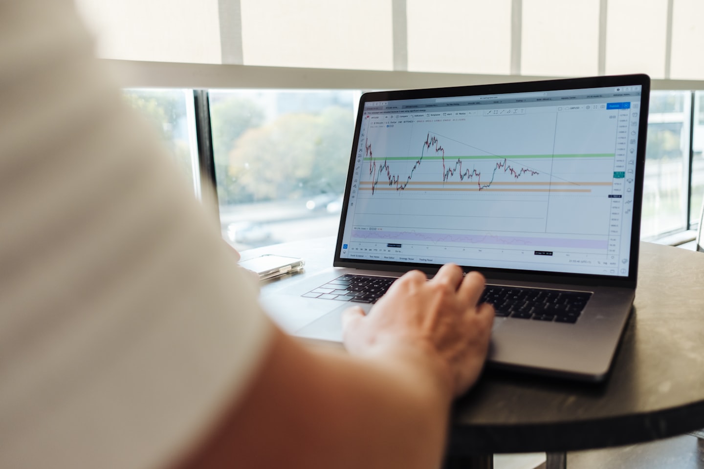 Person viewing financial charts on a laptop at a table.